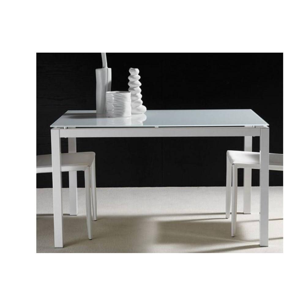 Table repas extensible MAJESTIC structure aluminium laqué blanc 130 x 80 cm en verre blanc