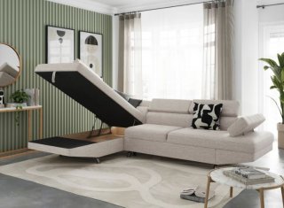 Canapé d'angle convertible méridienne gauche RINO beige pieds métal