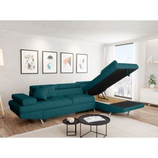 Canapé d'angle convertible méridienne droite RINO bleu canard pieds métal