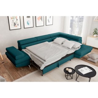 Canapé d'angle convertible méridienne droite RINO bleu canard pieds métal