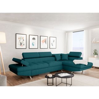 Canapé d'angle convertible méridienne droite RINO bleu canard pieds métal