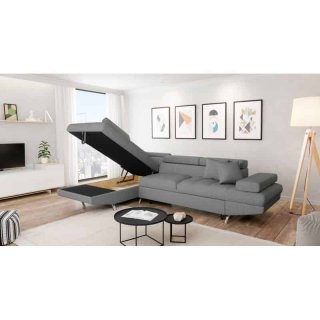 Canapé d'angle convertible méridienne gauche RINO gris clair pieds métal