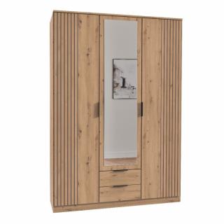 Armoire avec corniche BELOU 3 portes 1 miroir 2 tiroirs décor chêne artisan rechampis aspect clayettes 