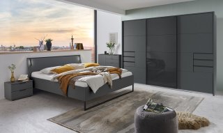 Armoire 3 portes coulissantes 6 tiroirs TILBURG 270 cm graphite verre noir 