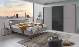 Armoire 3 portes coulissantes TILBURG 270 cm gris Sahara verre noir et graphite