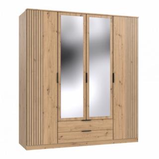 Armoire avec corniche BELOU 5 portes 2 miroirs 2 tiroirs décor chêne artisan rechampis aspect clayettes 