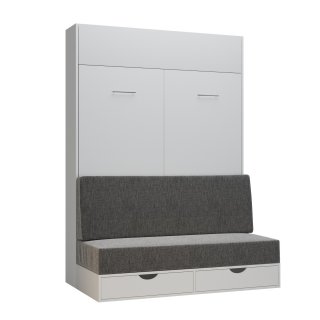 Armoire lit escamotable DYNAMO SOFA canapé tiroirs blanc mat et microfibre gris couchage 140 x 200 cm