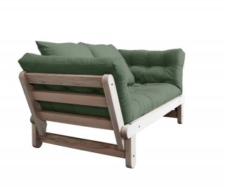 Banquette méridienne futon BEAT pin naturel tissu coloris vert olive couchage 75*200 cm.