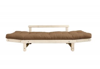 Banquette méridienne futon BEAT pin naturel tissu coloris mocca couchage 75*200 cm.