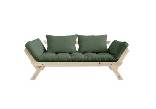 Banquette méridienne futon BEBOP pin naturel coloris vert olive couchage 75x200 cm.