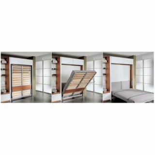 Armoire lit 2 pers, vitrine étagères pivotantes + rangements
