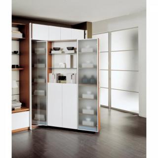 Armoire lit 2 pers, vitrine étagères pivotantes + rangements