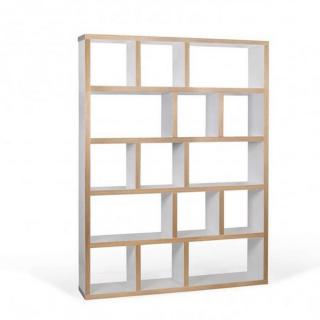 BERLIN bibliothèque étagère blanche mate et bois 15 casiers
