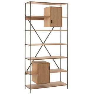 Bibliothèque étagère GAYO structure métal noir 7 étagères et 2 compartiments bois naturel