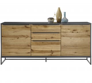 Buffet ABOU 2 portes 3 tiroirs plaqué chêne, structure laqué gris anthracite