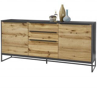 Buffet ABOU 2 portes 3 tiroirs plaqué chêne, structure laqué gris anthracite