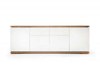 Buffet CHARLY 4 portes 2 tiroirs laqué blanc mat plateau et socle chêne noueux 