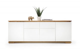 Buffet CHARLY 4 portes 2 tiroirs laqué blanc mat plateau et socle chêne noueux 