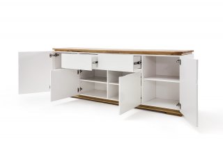 Buffet CHARLY 4 portes 2 tiroirs laqué blanc mat plateau et socle chêne noueux 