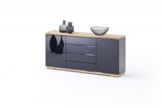 Buffet CHARLY 2 portes 4 tiroirs laqué noir brillant plateau et socle chêne noueux huilé