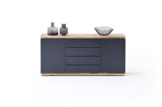 Buffet CHARLY 2 portes 4 tiroirs laqué noir brillant plateau et socle chêne noueux huilé