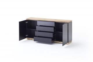 Buffet CHARLY 2 portes 4 tiroirs laqué noir brillant plateau et socle chêne noueux huilé