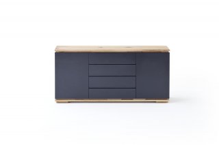 Buffet CHARLY 2 portes 4 tiroirs laqué noir brillant plateau et socle chêne noueux huilé