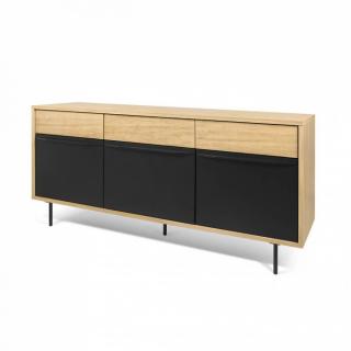 LIME buffet design chêne avec 3 portes laque noir mat pied en acier laqué noir
