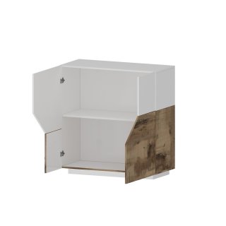 Buffet bas NALIE blanc laqué brillant et érable vintage 2 portes