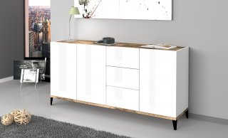 Buffet bas VALIE blanc, érable 3 portes 3 tiroirs