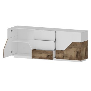 Buffet bas NALIE blanc, érable vintage 4 portes 3 tiroirs