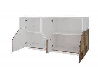 Buffet bas NALIE blanc, érable vintage 4 portes, largeur 159 cm