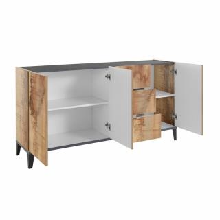 Buffet bas VALIE érable, gris ardoise 3 portes 3 tiroirs