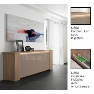 DERBY Buffet enfilade 3 portes en chêne taupe porte en verre taupe éclairage led inclus