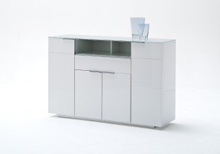 Buffet CAMBRIDGE laqué blanc brillant plateau en verre blanc 4 portes 1 tiroir
