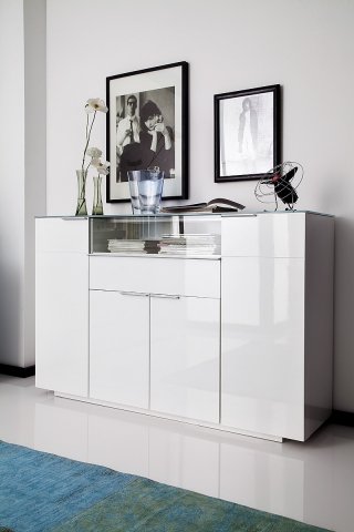 Buffet CAMBRIDGE laqué blanc brillant plateau en verre blanc 4 portes 1 tiroir
