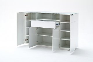 Buffet CAMBRIDGE laqué blanc brillant plateau en verre blanc 4 portes 1 tiroir