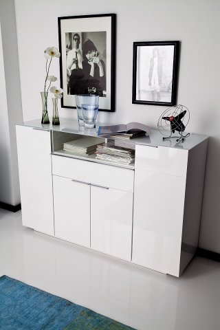 Buffet CAMBRIDGE laqué blanc brillant plateau en verre blanc 4 portes 1 tiroir