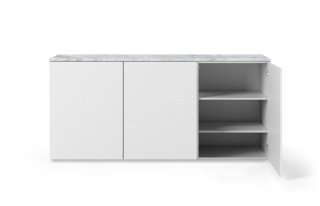 Buffet WHITY blanc mat 180cm 3 portes Plateau en Marbre blanc