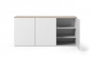 Buffet WHITY blanc mat 180cm 3 portes Plateau en bois de chêne clair