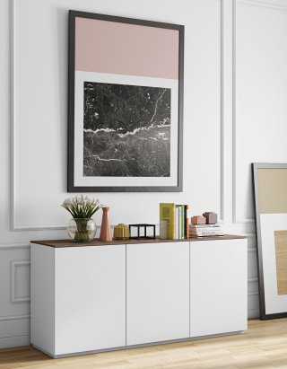 Buffet WHITY blanc mat 180cm 3 portes Plateau noyer