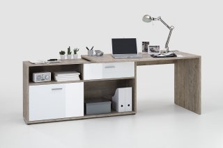 Bureau d'angle DINO finition chêne sable et blanc 