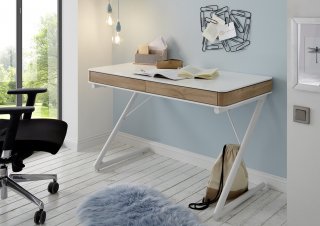 Bureau BURGAU laqué blanc mat / chêne 2 tiroirs