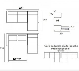 Canapé d'angle réversible  réversible EXPRESS RUBIS 120 cm Accoudoirs médium Matelas 18 cm