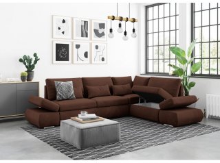 Canapé d'angle réversible CHLOE convertible 140x220 velours marron avec coffre