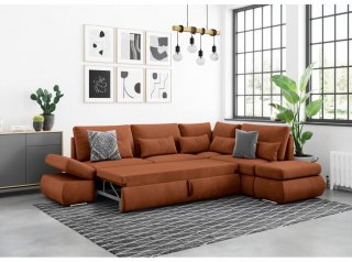 Canapé d'angle réversible CHLOE convertible 140x220 velours terracotta avec coffre