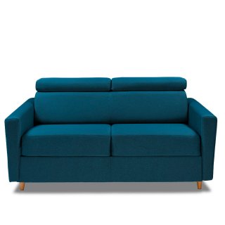 Canapé WAGRAM convertible express matelas 16 cm sommier métal 140 cm têtières ajustables tissu tweed twist bleu pétrole