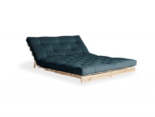 Canapé convertible futon ROOTS pin naturel coloris bleu pétrole couchage 140x200 cm.