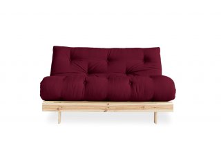 Canapé convertible futon ROOTS pin naturel coloris bordeaux couchage 140x200 cm.