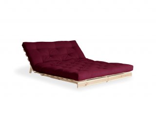 Canapé convertible futon ROOTS pin naturel coloris bordeaux couchage 140x200 cm.